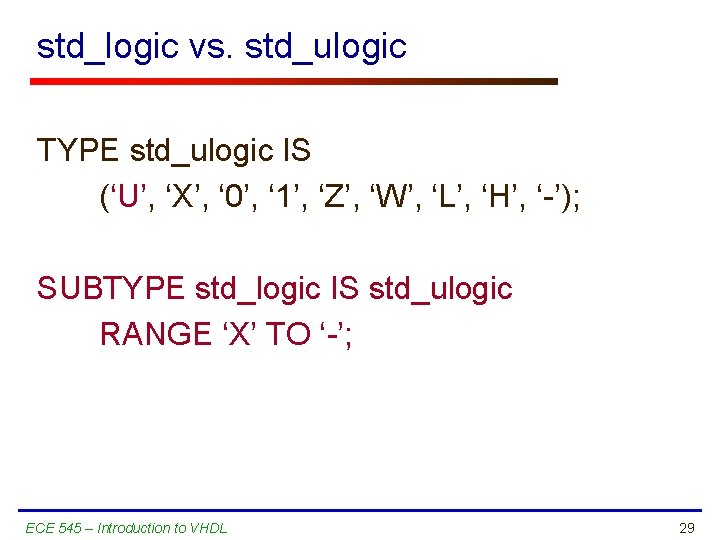 std_logic vs. std_ulogic TYPE std_ulogic IS (‘U’, ‘X’, ‘ 0’, ‘ 1’, ‘Z’, ‘W’,