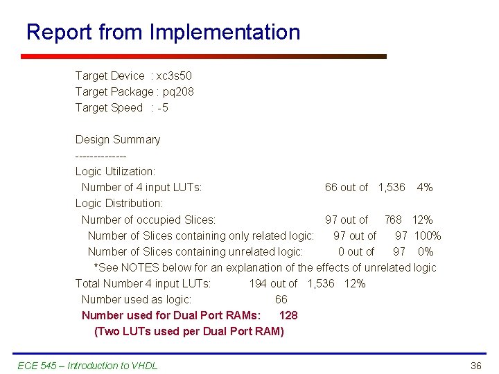 Report from Implementation Target Device : xc 3 s 50 Target Package : pq