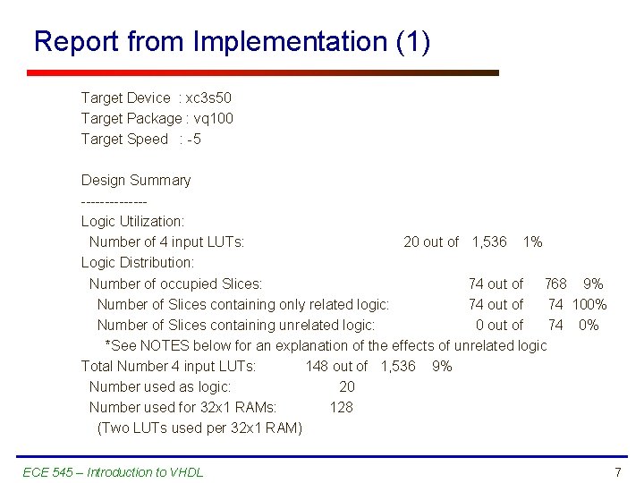 Report from Implementation (1) Target Device : xc 3 s 50 Target Package :