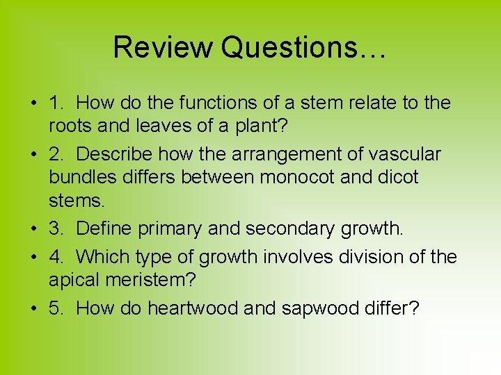 Review Questions… • 1. How do the functions of a stem relate to the