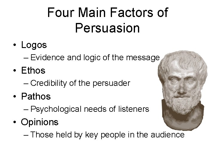 Four Main Factors of Persuasion • Logos – Evidence and logic of the message