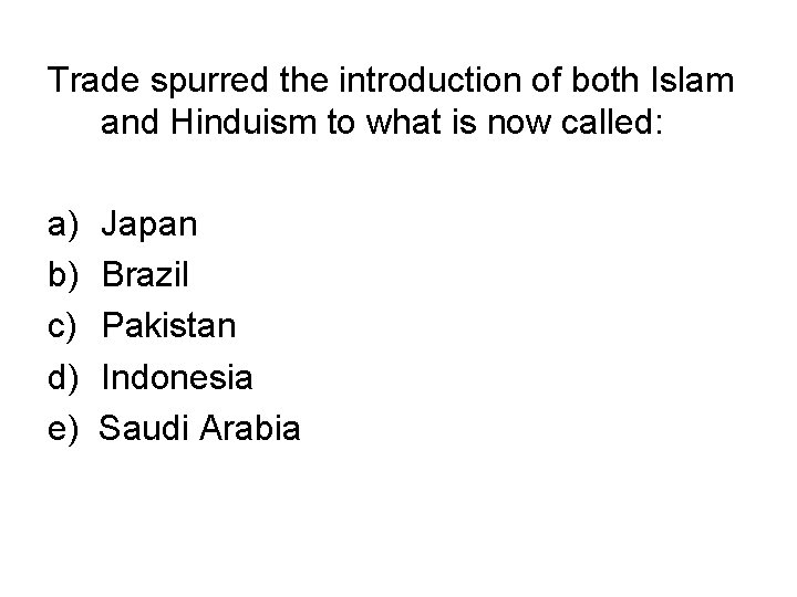 Trade spurred the introduction of both Islam and Hinduism to what is now called: