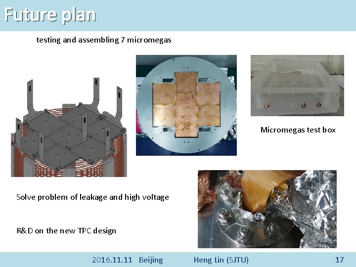 Future plan testing and assembling 7 micromegas Micromegas test box Solve problem of leakage