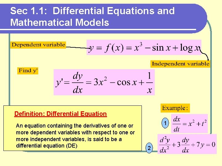 Sec 1. 1: Differential Equations and Mathematical Models Definition: Differential Equation An equation containing