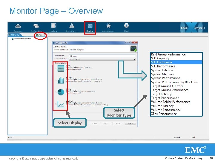 Monitor Page – Overview Select Monitor Type Select Display Copyright © 2014 EMC Corporation.