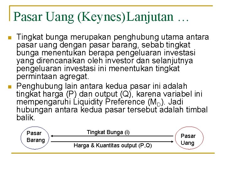 Pasar Uang (Keynes)Lanjutan … n n Tingkat bunga merupakan penghubung utama antara pasar uang