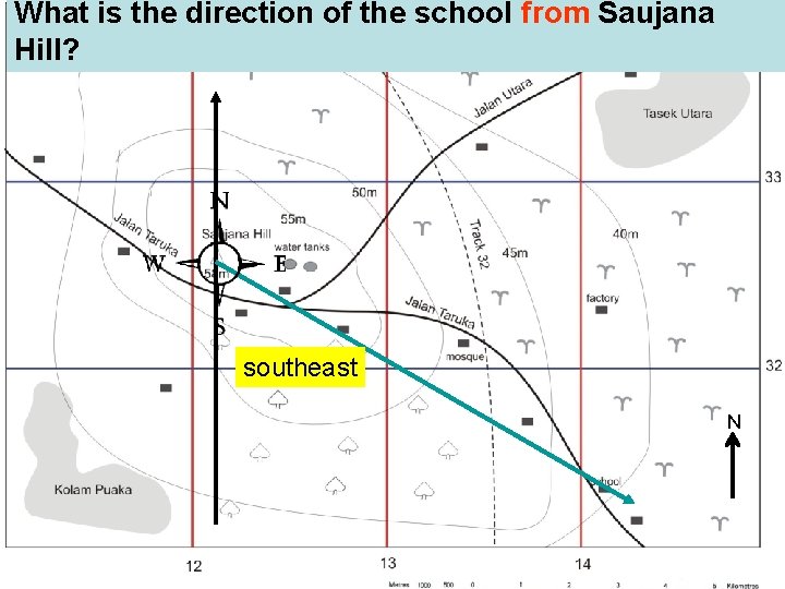 What is the direction of the school from Saujana Hill? southeast N 