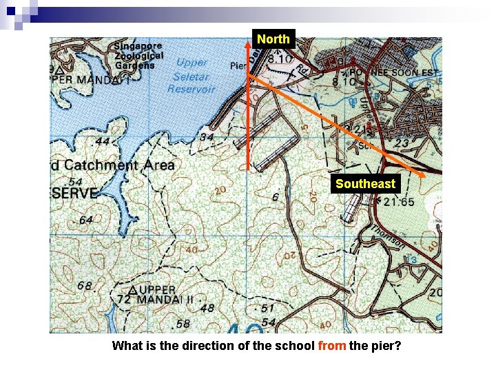 North Southeast What is the direction of the school from the pier? 