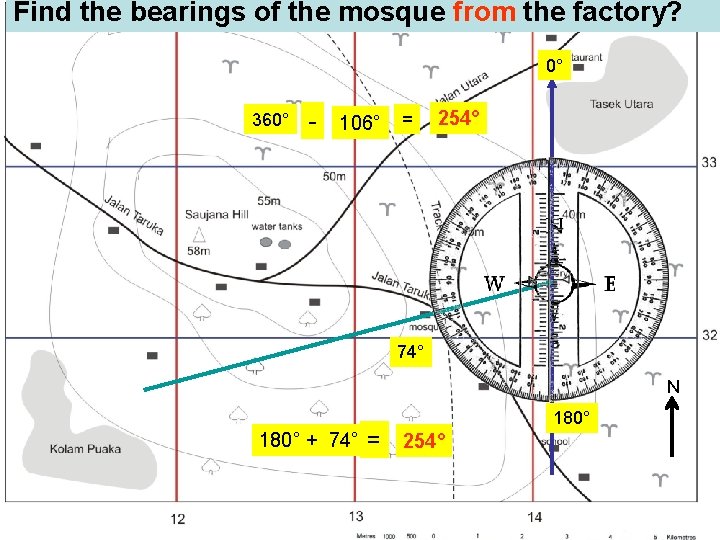 Find the bearings of the mosque from the factory? 0° 360° - 106° =