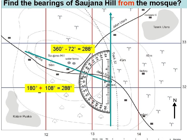 Find the bearings of Saujana Hill from the mosque? 360° - 72° = 288°