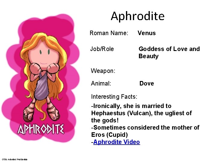 Aphrodite Roman Name: Venus Job/Role Goddess of Love and Beauty Weapon: Animal: Dove Interesting