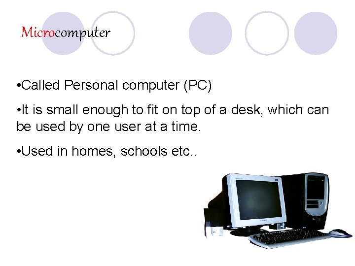 Microcomputer • Called Personal computer (PC) • It is small enough to fit on