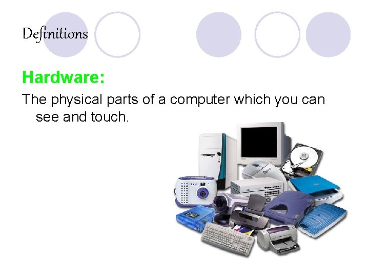 Definitions Hardware: The physical parts of a computer which you can see and touch.