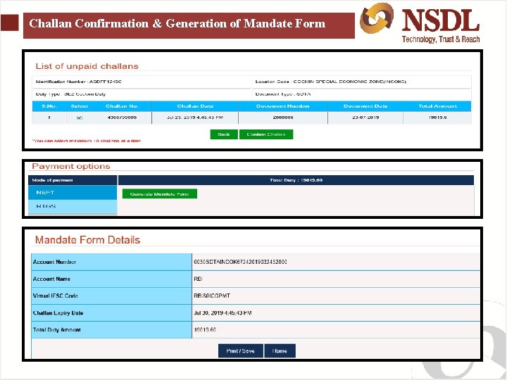 Challan Confirmation & Generation of Mandate Form 