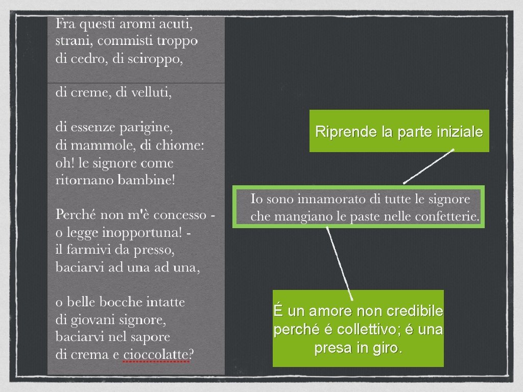 Riprende la parte iniziale É un amore non credibile perché é collettivo; é una