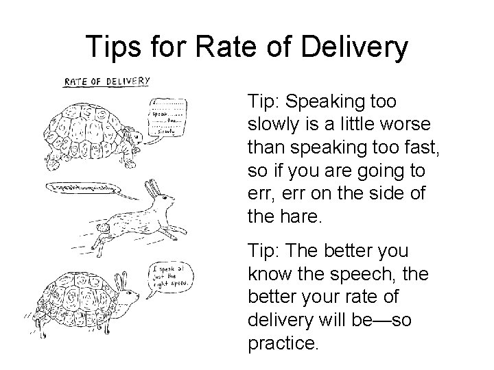 Tips for Rate of Delivery Tip: Speaking too slowly is a little worse than