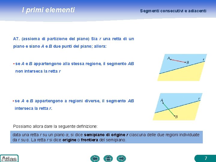 I primi elementi Segmenti consecutivi e adiacenti A 7. (assioma di partizione del piano)