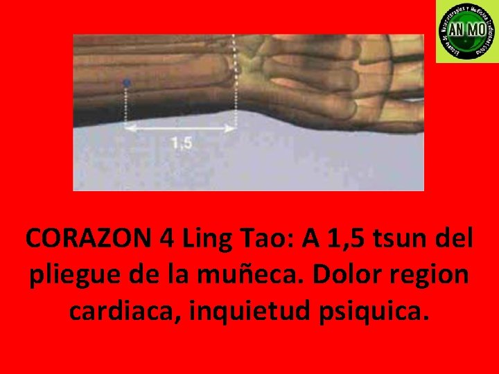 CORAZON 4 Ling Tao: A 1, 5 tsun del pliegue de la muñeca. Dolor