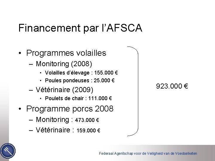 Financement par l’AFSCA • Programmes volailles – Monitoring (2008) • Volailles d’élevage : 155.