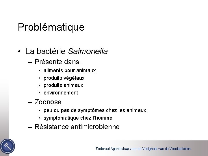 Problématique • La bactérie Salmonella – Présente dans : • • aliments pour animaux