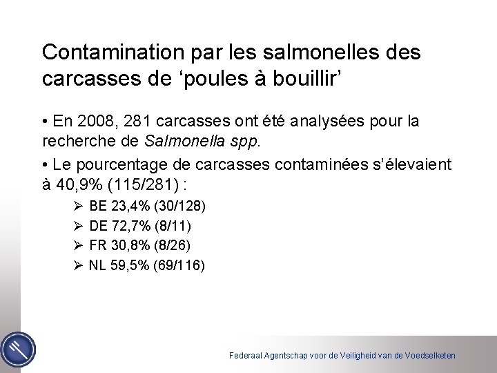Contamination par les salmonelles des carcasses de ‘poules à bouillir’ • En 2008, 281