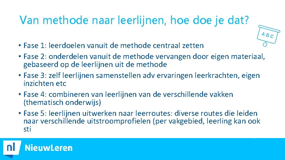 Van methode naar leerlijnen, hoe doe je dat? • Fase 1: leerdoelen vanuit de