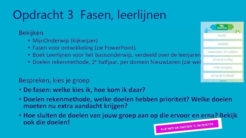 Opdracht 3 Fasen, leerlijnen Bekijken • • Mijn. Onderwijs (kijkwijzer) Fasen voor ontwikkeling (zie