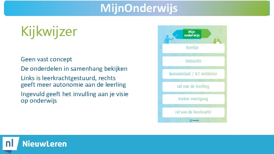 Mijn. Onderwijs Kijkwijzer Geen vast concept De onderdelen in samenhang bekijken Links is leerkrachtgestuurd,