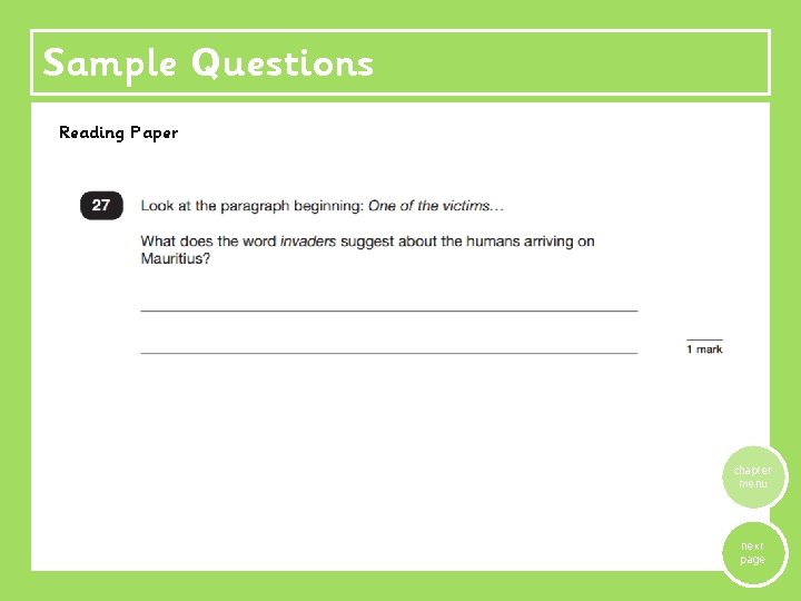 Sample Questions Reading Paper chapter menu next page 