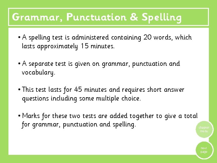 Grammar, Punctuation & Spelling • A spelling test is administered containing 20 words, which