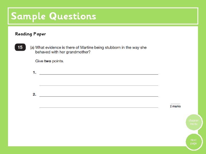 Sample Questions Reading Paper chapter menu next page 