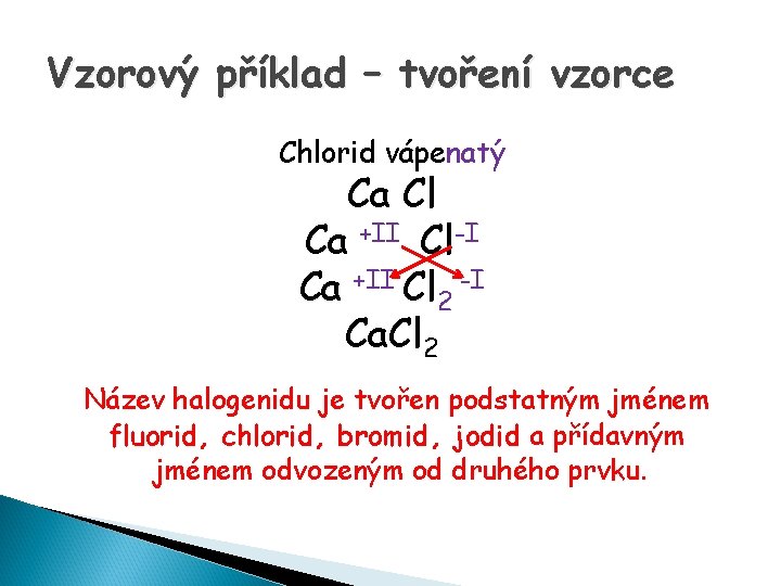 Vzorový příklad – tvoření vzorce Chlorid vápenatý Ca Cl Ca +II Cl-I Ca +II