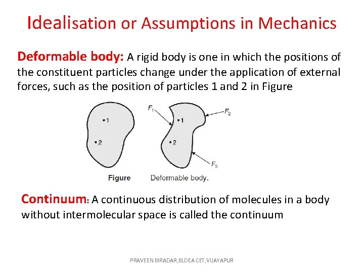 Idealisation or Assumptions in Mechanics Deformable body: A rigid body is one in which