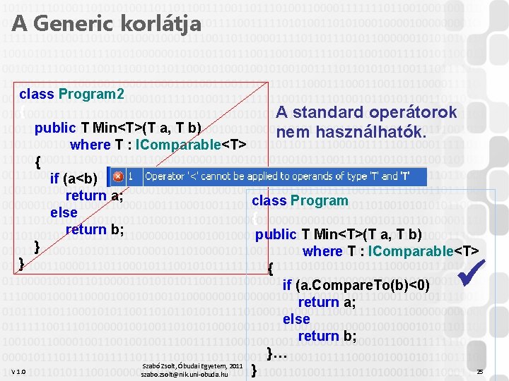 A Generic korlátja class Program 2 { A standard operátorok public T Min<T>(T a,