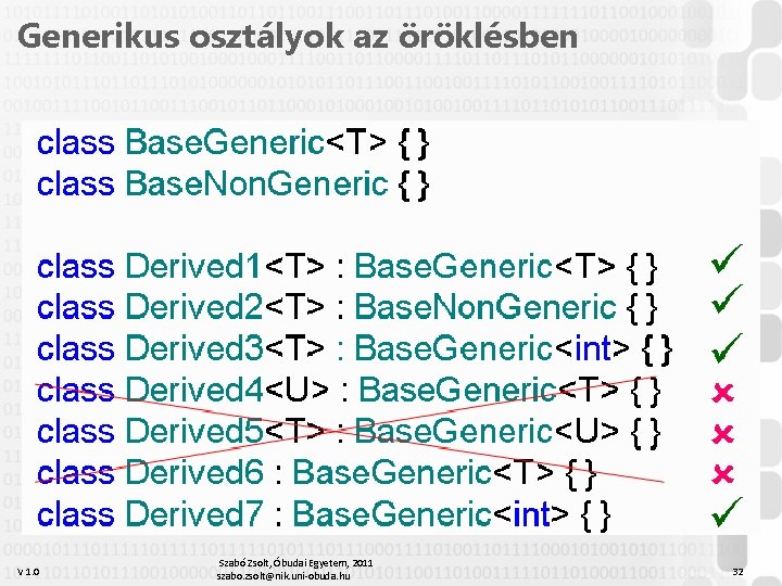 Generikus osztályok az öröklésben Melyik eset lehetséges? V 1. 0 Szabó Zsolt, Óbudai Egyetem,