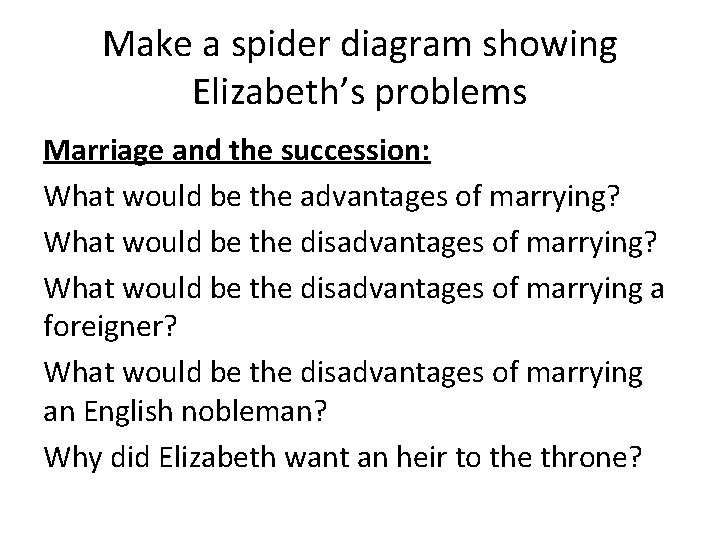 Make a spider diagram showing Elizabeth’s problems Marriage and the succession: What would be