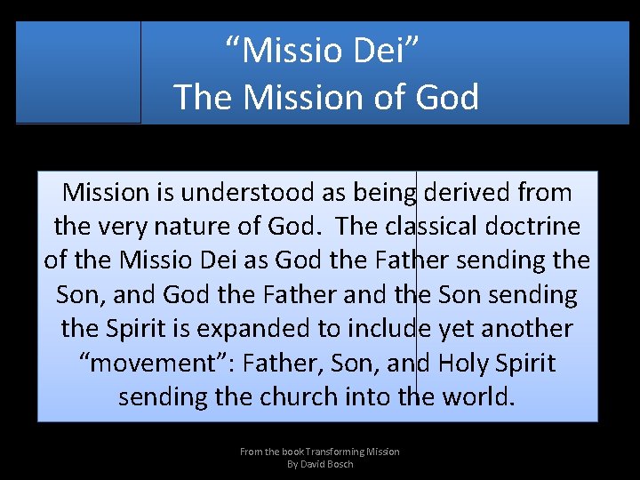 “Missio Dei” The Mission of God Mission is understood as being derived from the