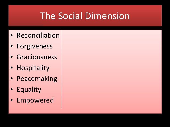 The Social Dimension • • Reconciliation Forgiveness Graciousness Hospitality Peacemaking Equality Empowered 