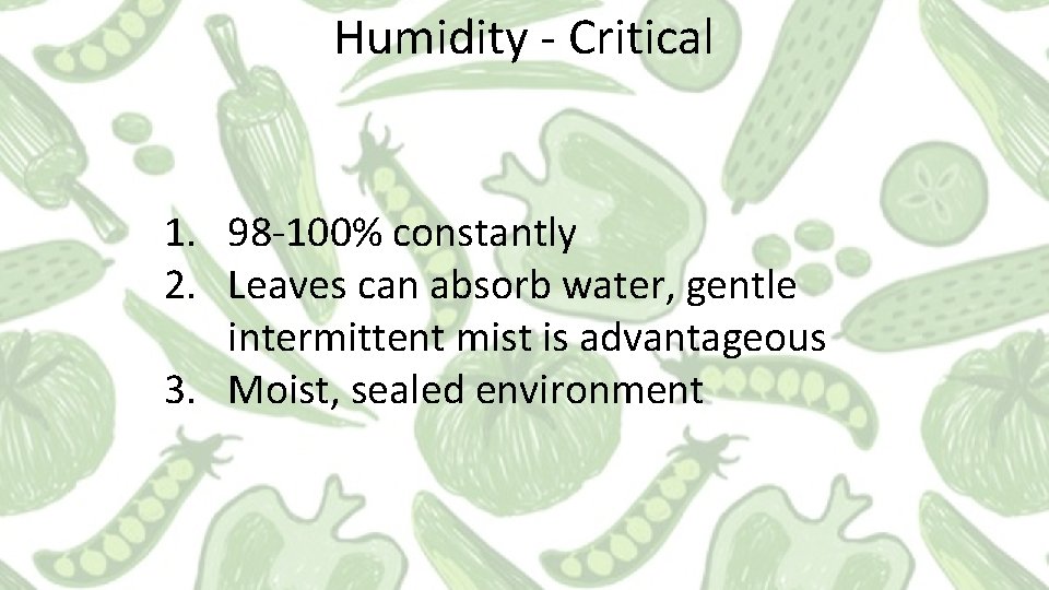Humidity - Critical 1. 98 -100% constantly 2. Leaves can absorb water, gentle intermittent Humidity - Critical 1. 98 -100% constantly 2. Leaves can absorb water, gentle intermittent