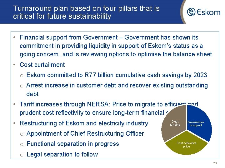 Turnaround plan based on four pillars that is critical for future sustainability • Financial