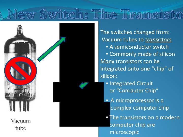 A New Switch: The Transisto The switches changed from: Vacuum tubes to transistors •