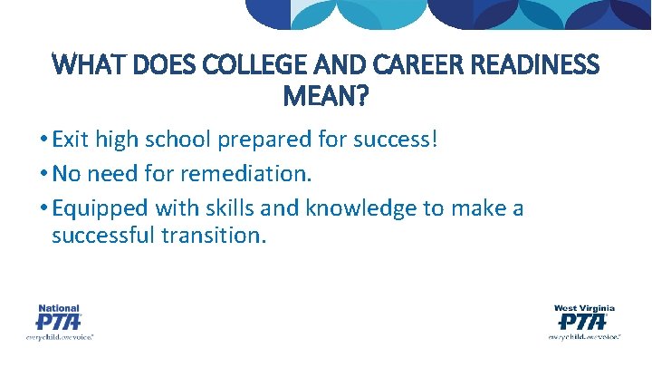 WHAT DOES COLLEGE AND CAREER READINESS MEAN? • Exit high school prepared for success!