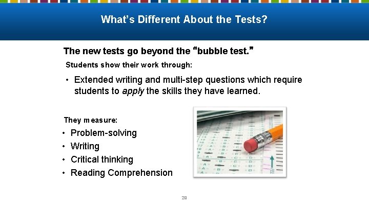 What’s Different About the Tests? The new tests go beyond the “bubble test. ”