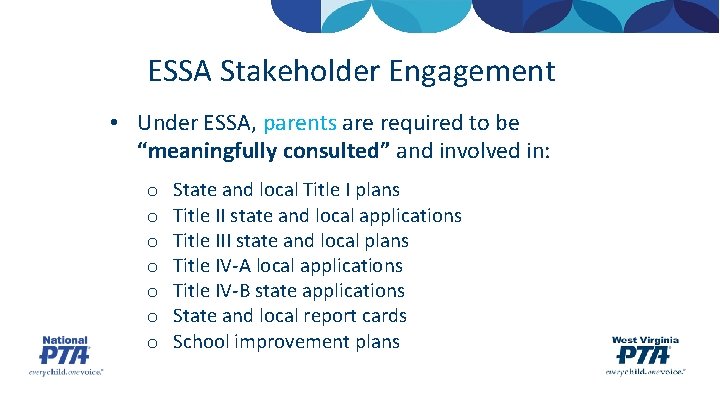 ESSA Stakeholder Engagement • Under ESSA, parents are required to be “meaningfully consulted” and