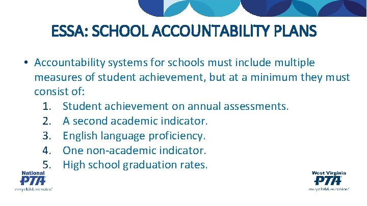 ESSA: SCHOOL ACCOUNTABILITY PLANS • Accountability systems for schools must include multiple measures of