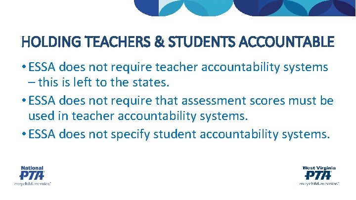 HOLDING TEACHERS & STUDENTS ACCOUNTABLE • ESSA does not require teacher accountability systems –