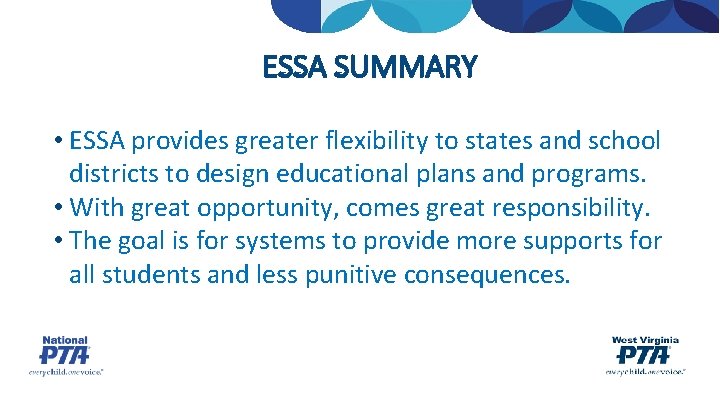 ESSA SUMMARY • ESSA provides greater flexibility to states and school districts to design