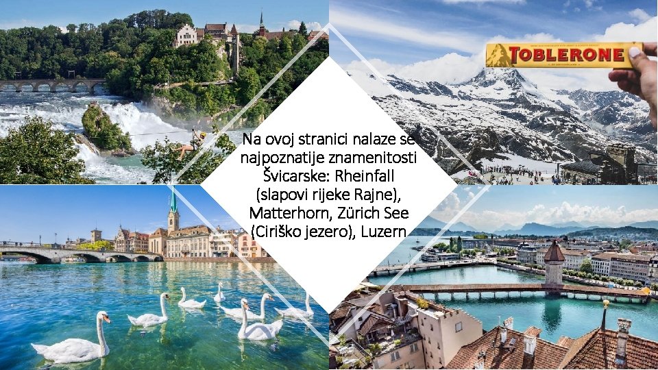 Na ovoj stranici nalaze se najpoznatije znamenitosti Švicarske: Rheinfall (slapovi rijeke Rajne), Matterhorn, Zürich