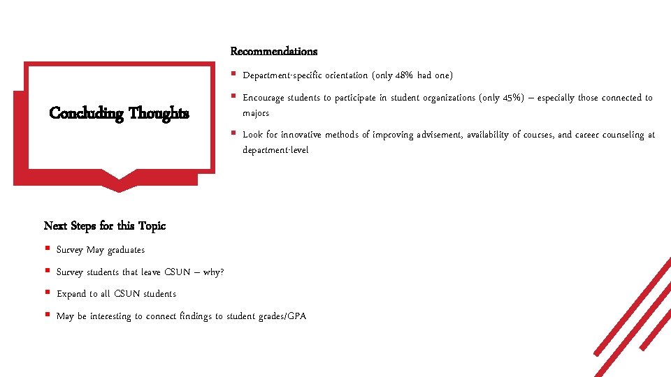 Recommendations § Department-specific orientation (only 48% had one) Concluding Thoughts § Encourage students to