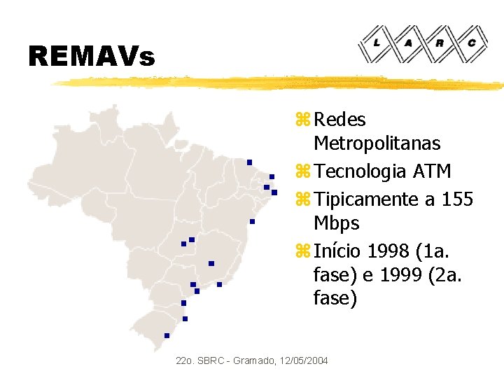 REMAVs z Redes Metropolitanas z Tecnologia ATM z Tipicamente a 155 Mbps z Início